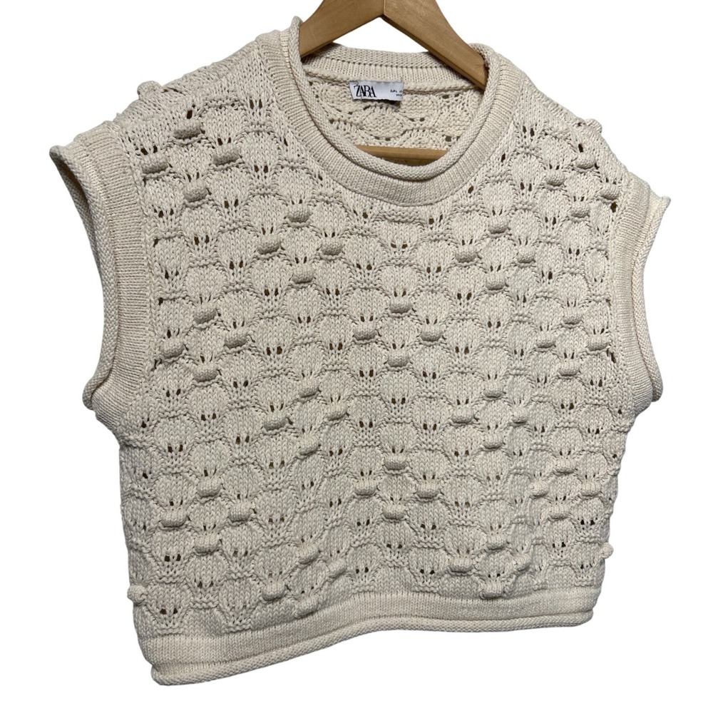 ZARA Cream Popcorn Knit Sweater Vest Pointelle Sleeveless Pullover Large Boho